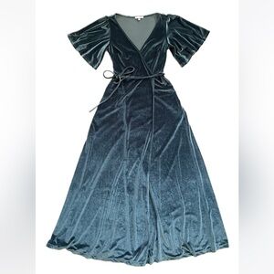 Stretch Velvet Wrap Maxi Dress in Deep Teal Color. Size XS